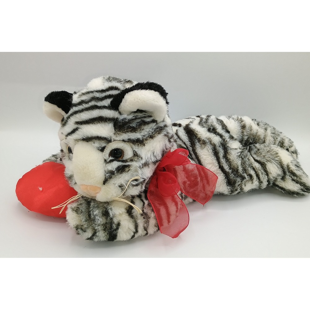 14" Dandee Laying Down Beanbag Plush White Bengal Tiger w/ Red Heart Bow 9